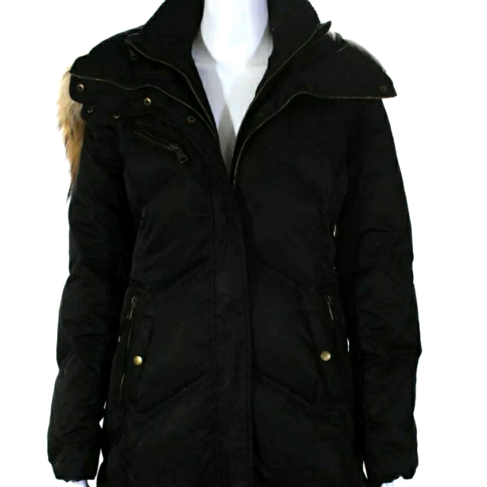 Andrew Marc DOWN QUILTED JACKET FRONT ZIP RACOON FUR HOOD TRIM SZ SMALL (BLACK)